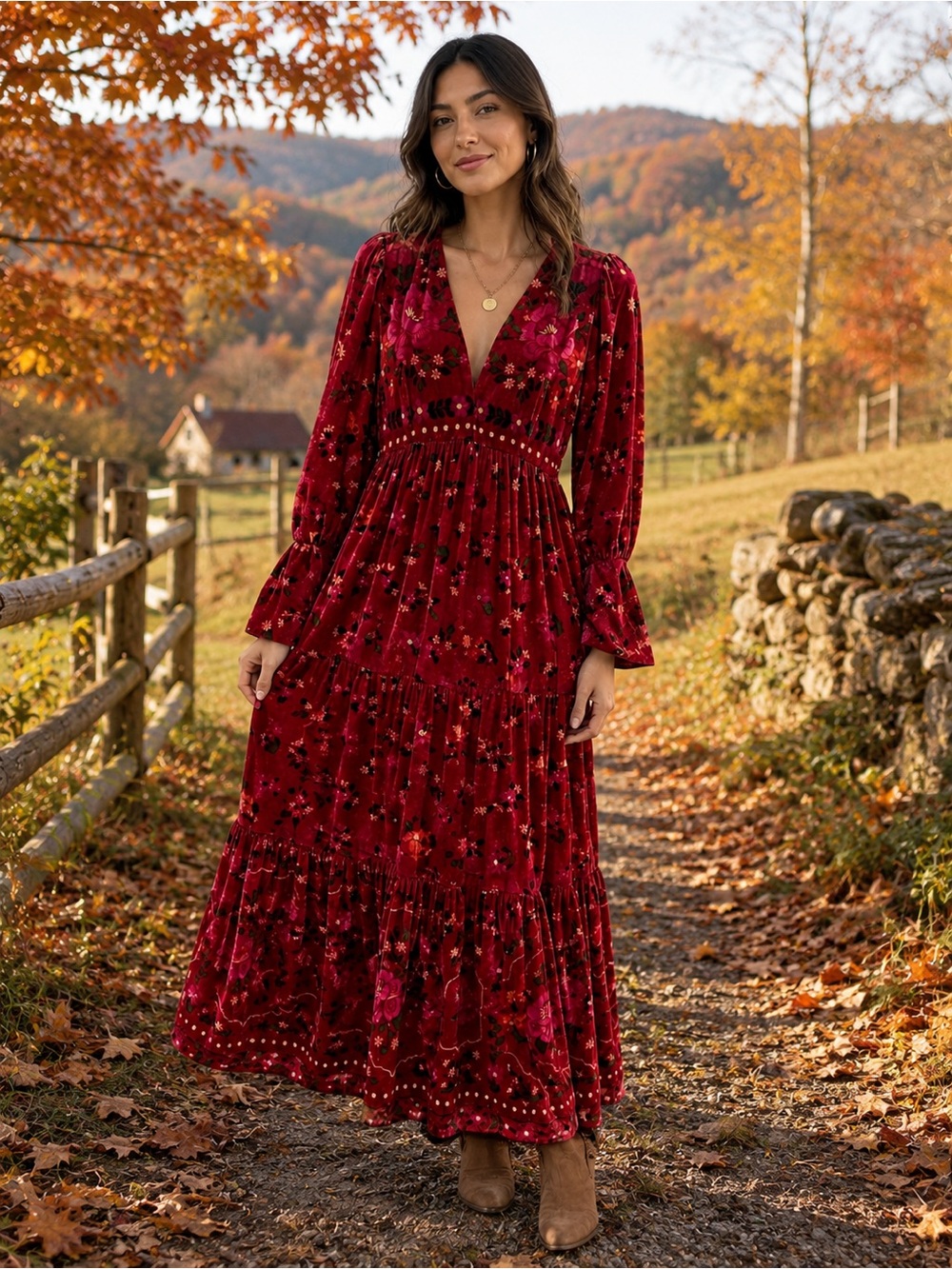 FARM Rio Red Floral Velvet Maxi Dress